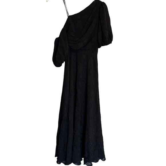 AMUR Women's Size 2 Black Floral Jacquard One Shoulder Puff Sleeve Maxi Dress - Picture 1 of 12